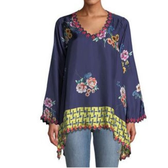Johnny Was Tops - Johnny Was Dinah Silk Tunic with Embroidered Trim Size Large